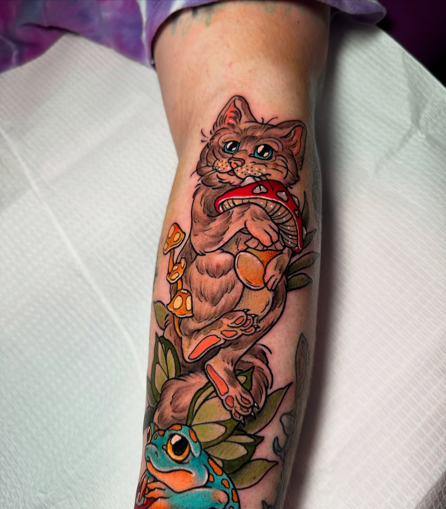 Cat and mushrooms American traditional tattoo on the forearm by Tayler Pearson, Fort Collins, Colorado