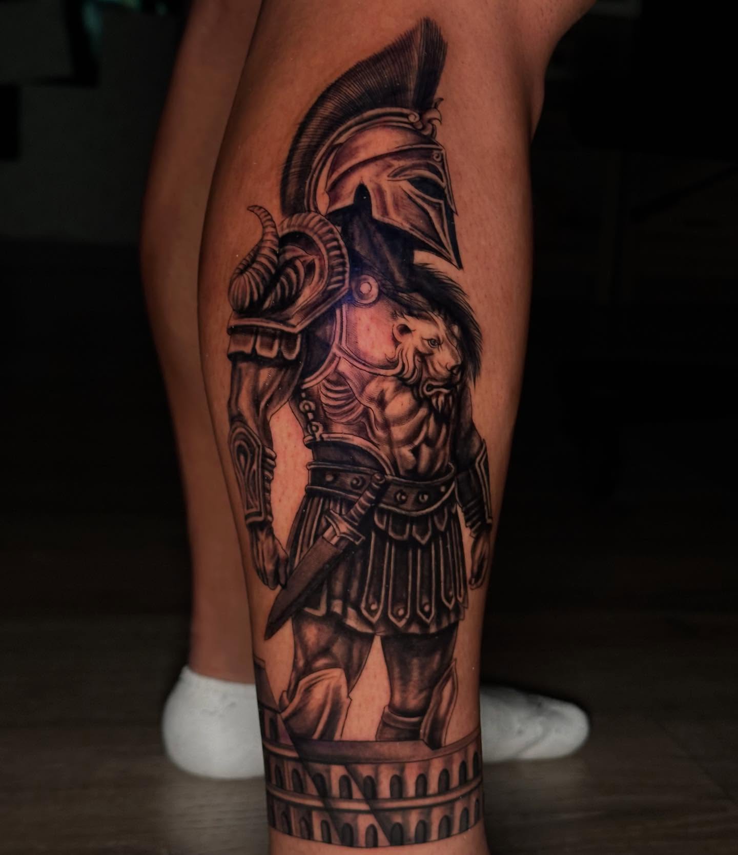 Gladiator realism tattoo on the thigh by MR