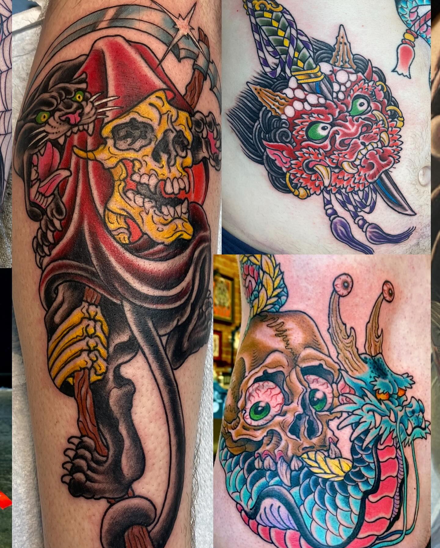 Skull and dragon American traditional tattoo on the forearm by Bob Lackner
