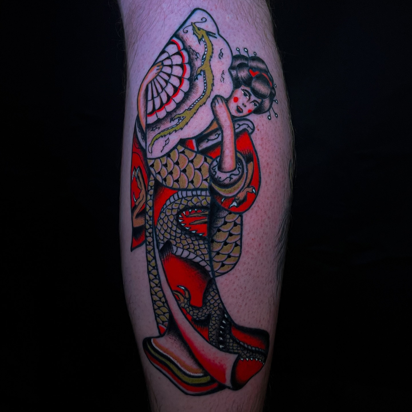 Geisha and dragon American traditional tattoo on the forearm by Miguel Henrik
