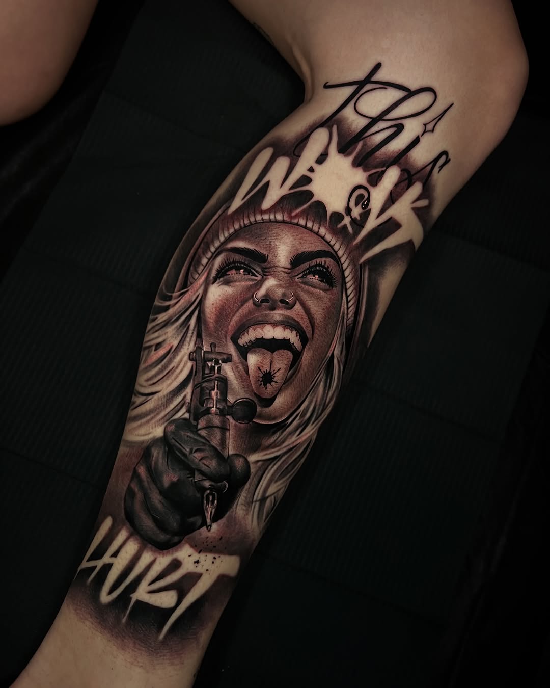 Woman with tattoo gun realism tattoo on the forearm by Las Vegas Tattoo Artist, Las Vegas, Nevada