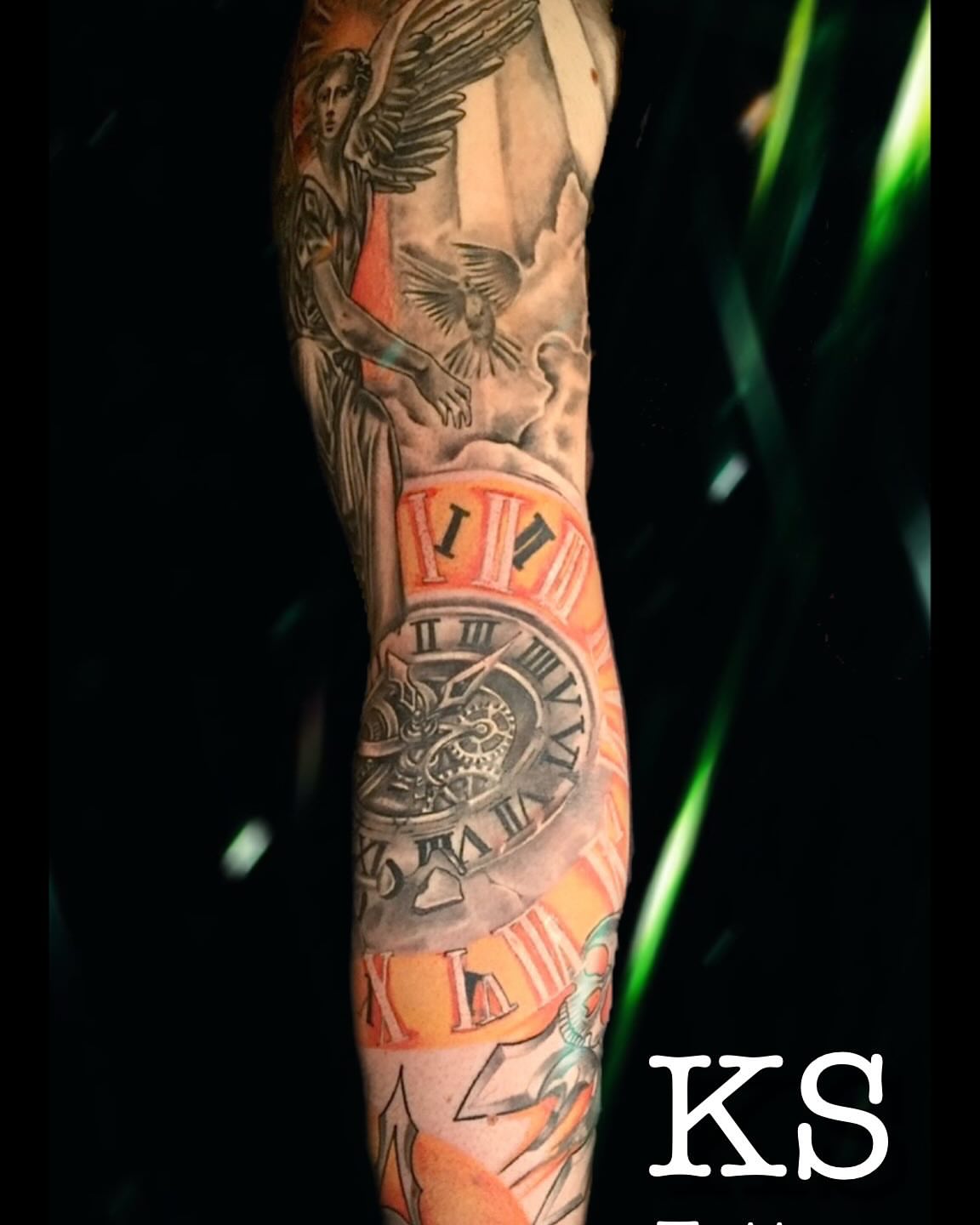 Clock and angel American traditional tattoo on the forearm by Karen Smith