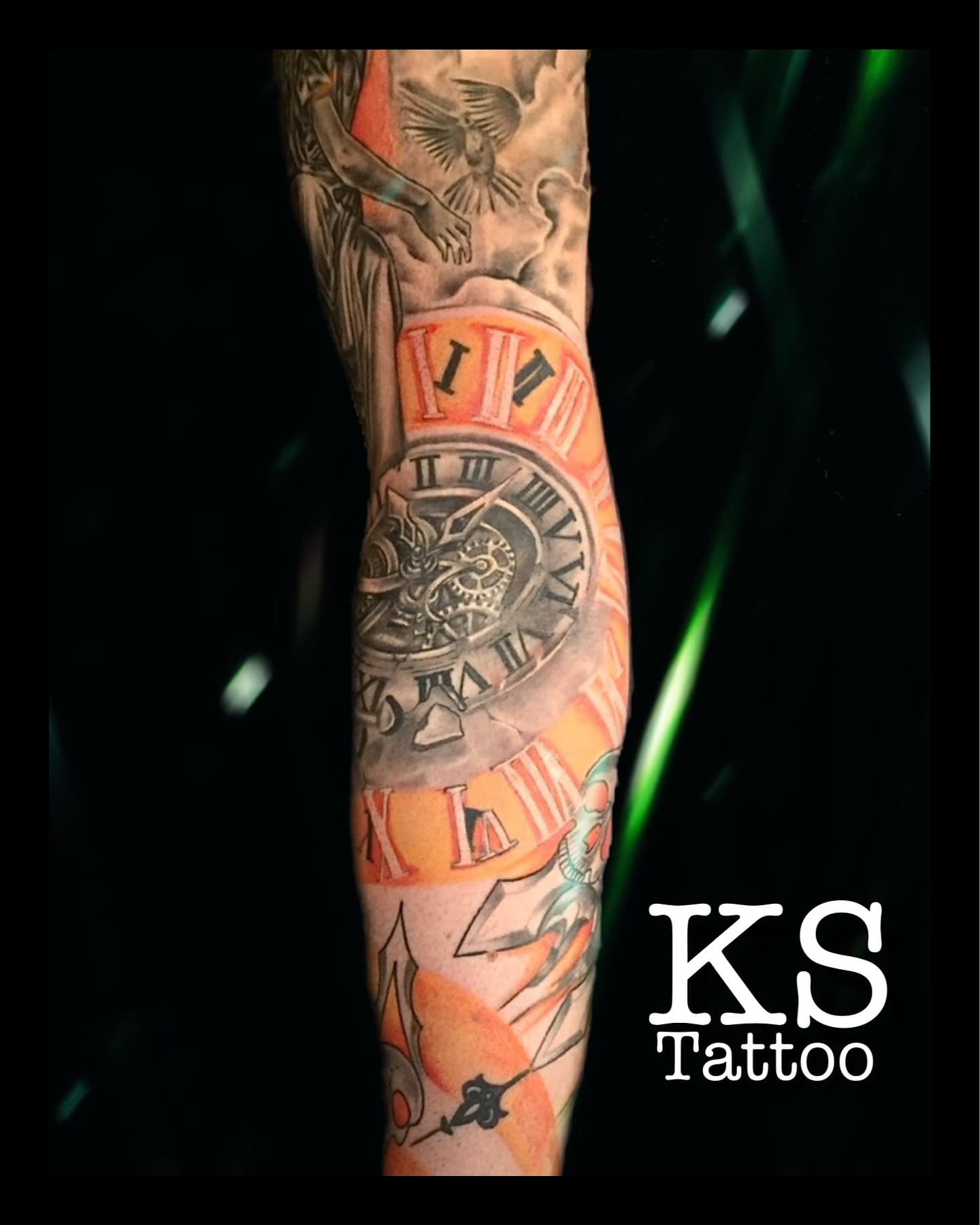 Clock and religious imagery American traditional tattoo on the forearm by Karen Smith