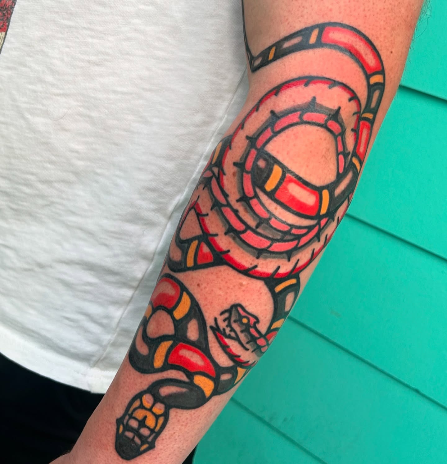 Snake and life preserver American traditional tattoo on the forearm by 匚卂ㄒ乙丨ㄥㄥ卂