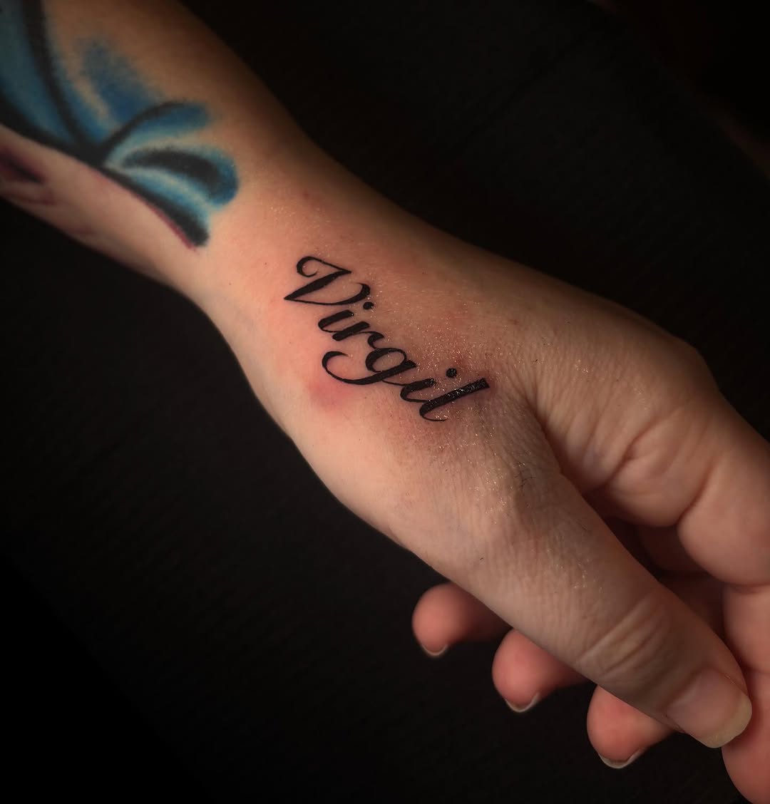 Virgil name tattoo lettering tattoo on the hand by Gabby Finearts