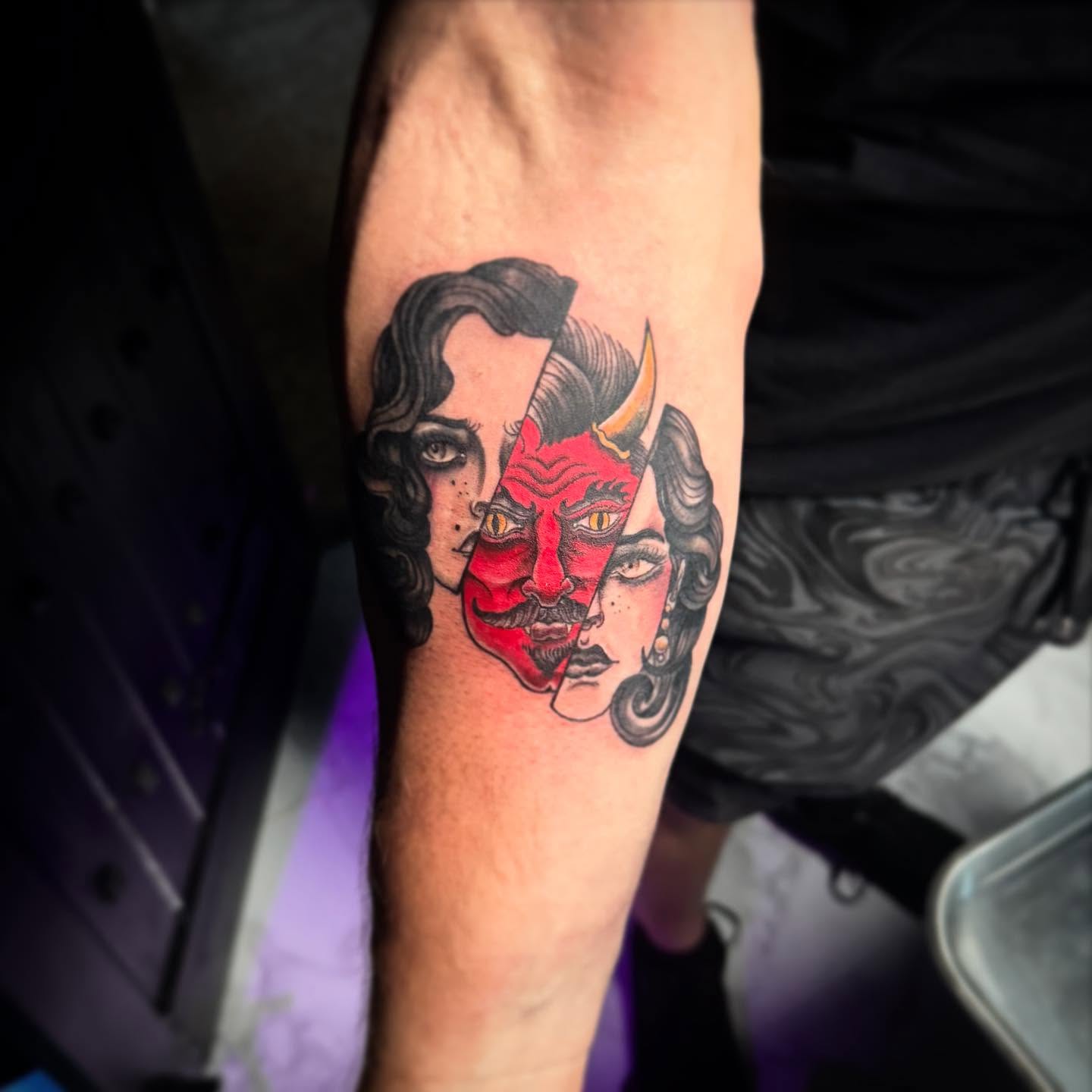 Demon woman neo-traditional tattoo on the forearm by AaronAdlerTattoos.com, Cincinnati