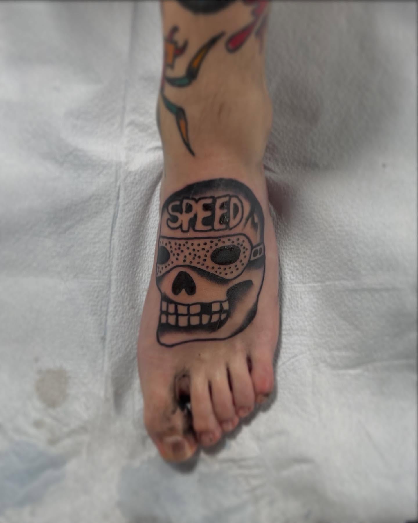 Skull with goggles dotwork tattoo on the foot by Jaxson Eugene Brady-Hobart