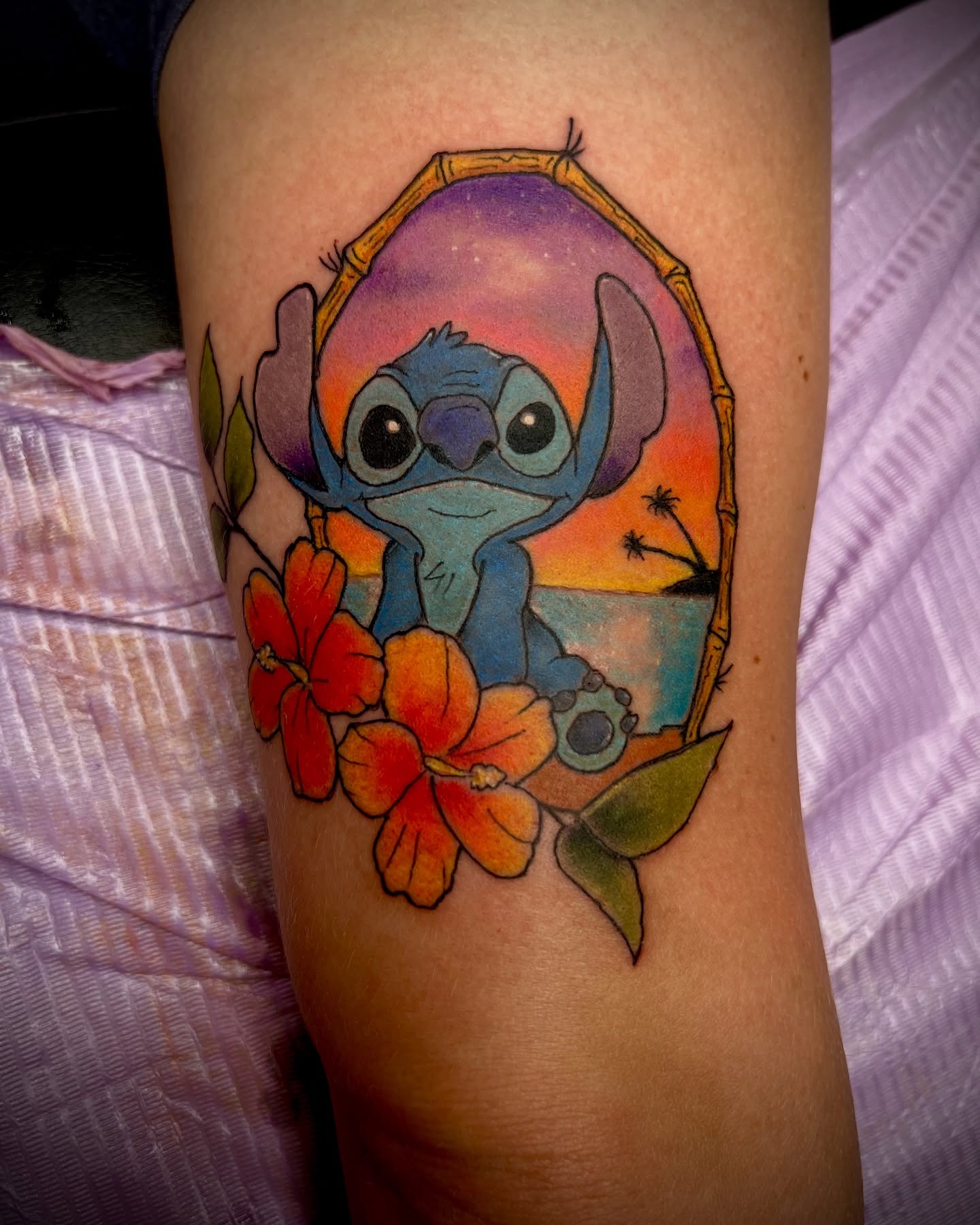 Stitch illustrative tattoo on the forearm by 🗿🌴TᗩᕼITI GIᒪ✨🏰