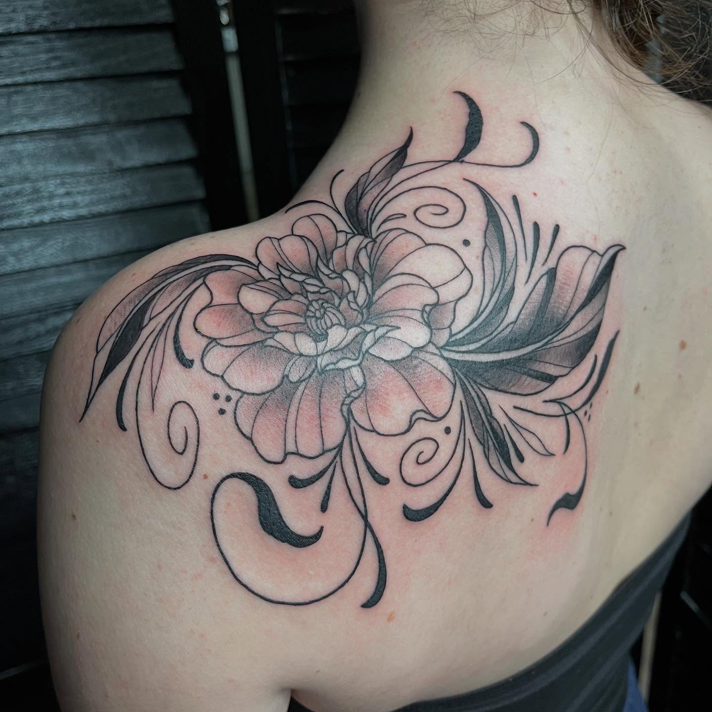 Floral design black and grey tattoo on the shoulder by Michigan Tattoo Artist - Nadia Garver, Clinton Township, Michigan