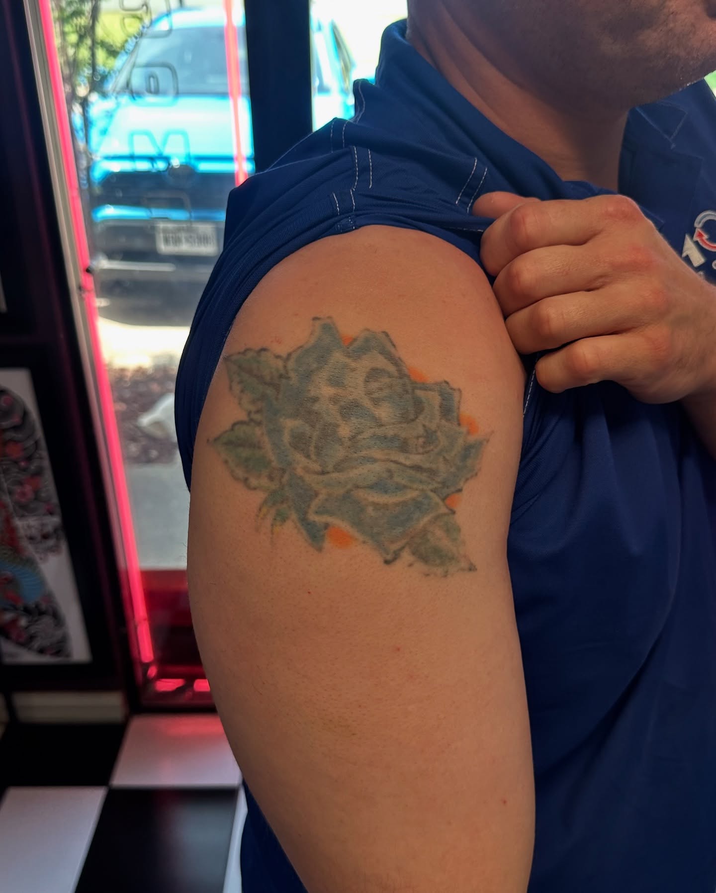 Rose black and grey tattoo on the shoulder by Matthew, Georgetown, Texas