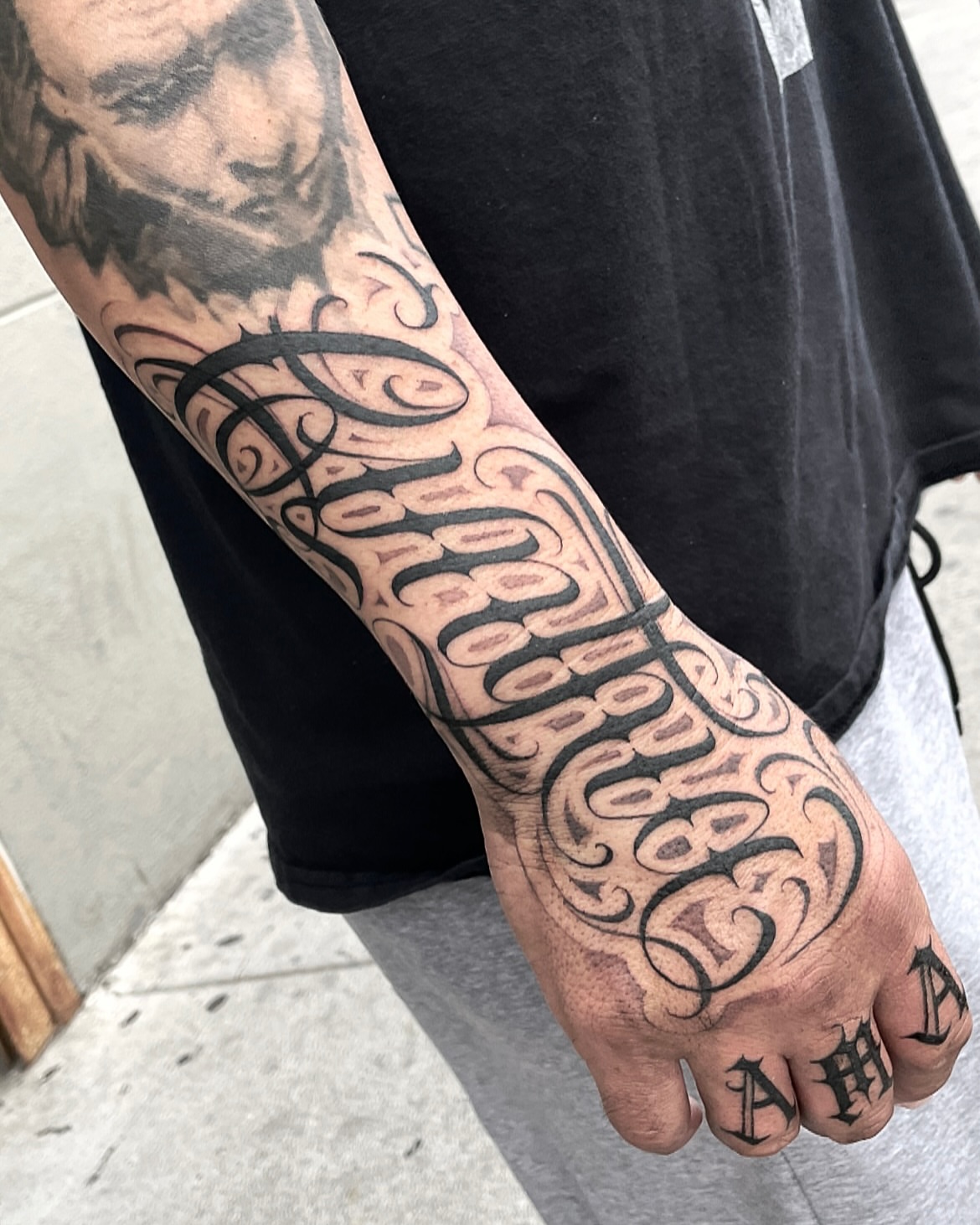 Script lettering lettering script tattoo on the forearm by Joon 치카노레터링