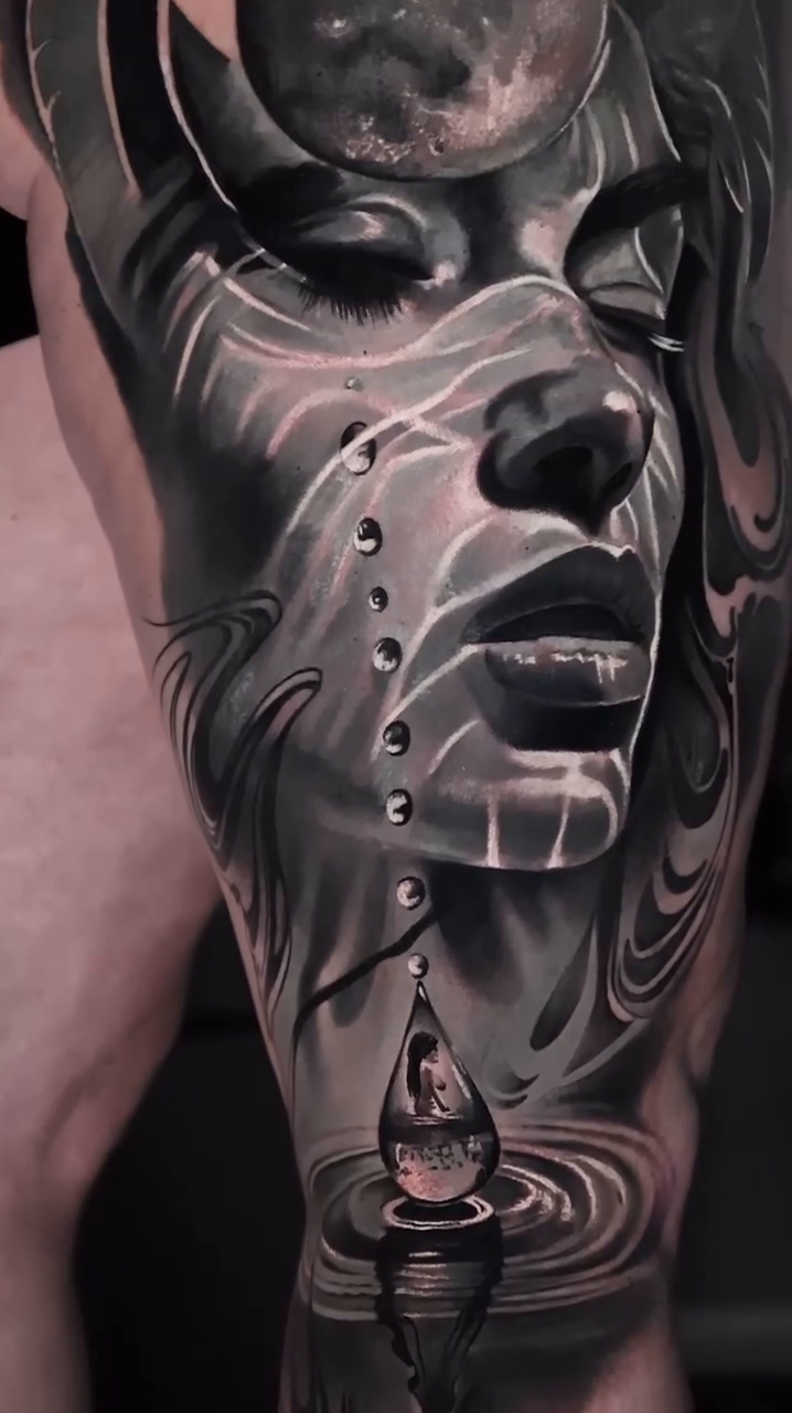 Woman's face with moon and water realism tattoo by Ali Saleh 🇱🇧 Detroit Tattoo Artist, Dearborn, Michigan