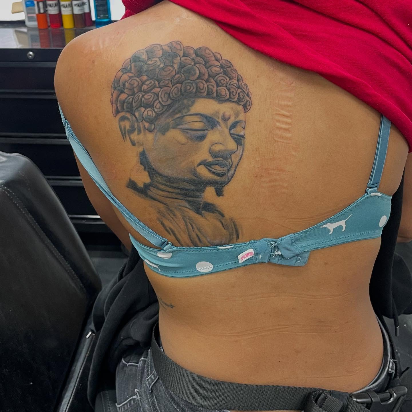 Buddha black and grey tattoo on the back by Comic-Book-M πͺβπ½π₯