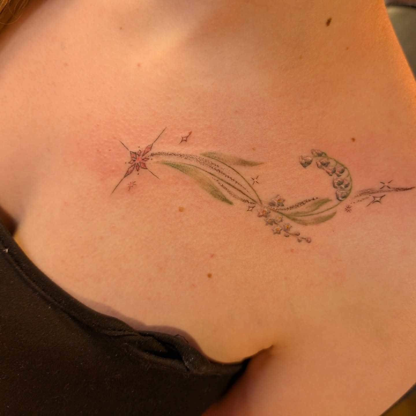 Lily of the valley and shooting star dotwork tattoo on the chest by Cat