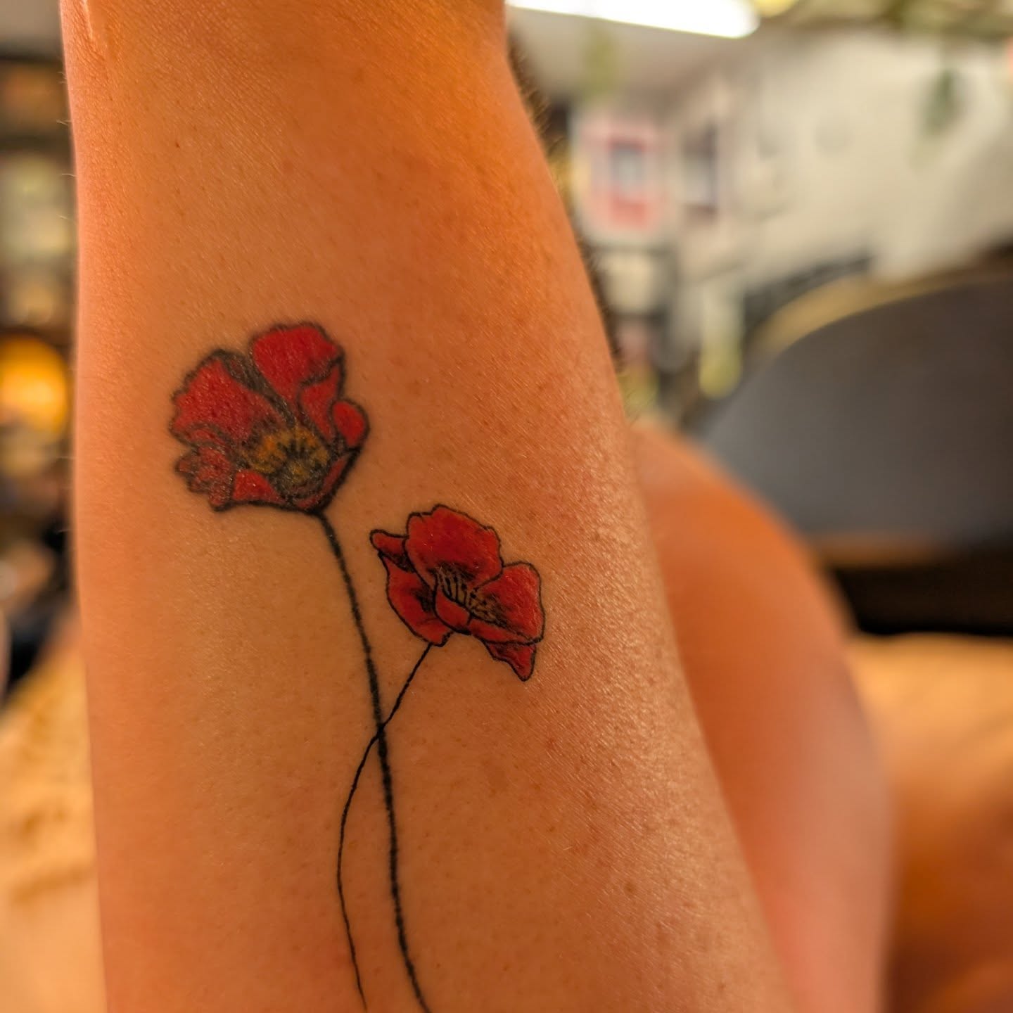 Poppy flowers realism tattoo on the forearm by Cat