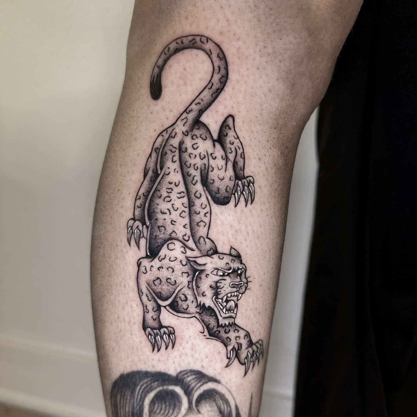 Panther black and grey tattoo on the forearm by @sadfoo_tattoo, Austin, Texas