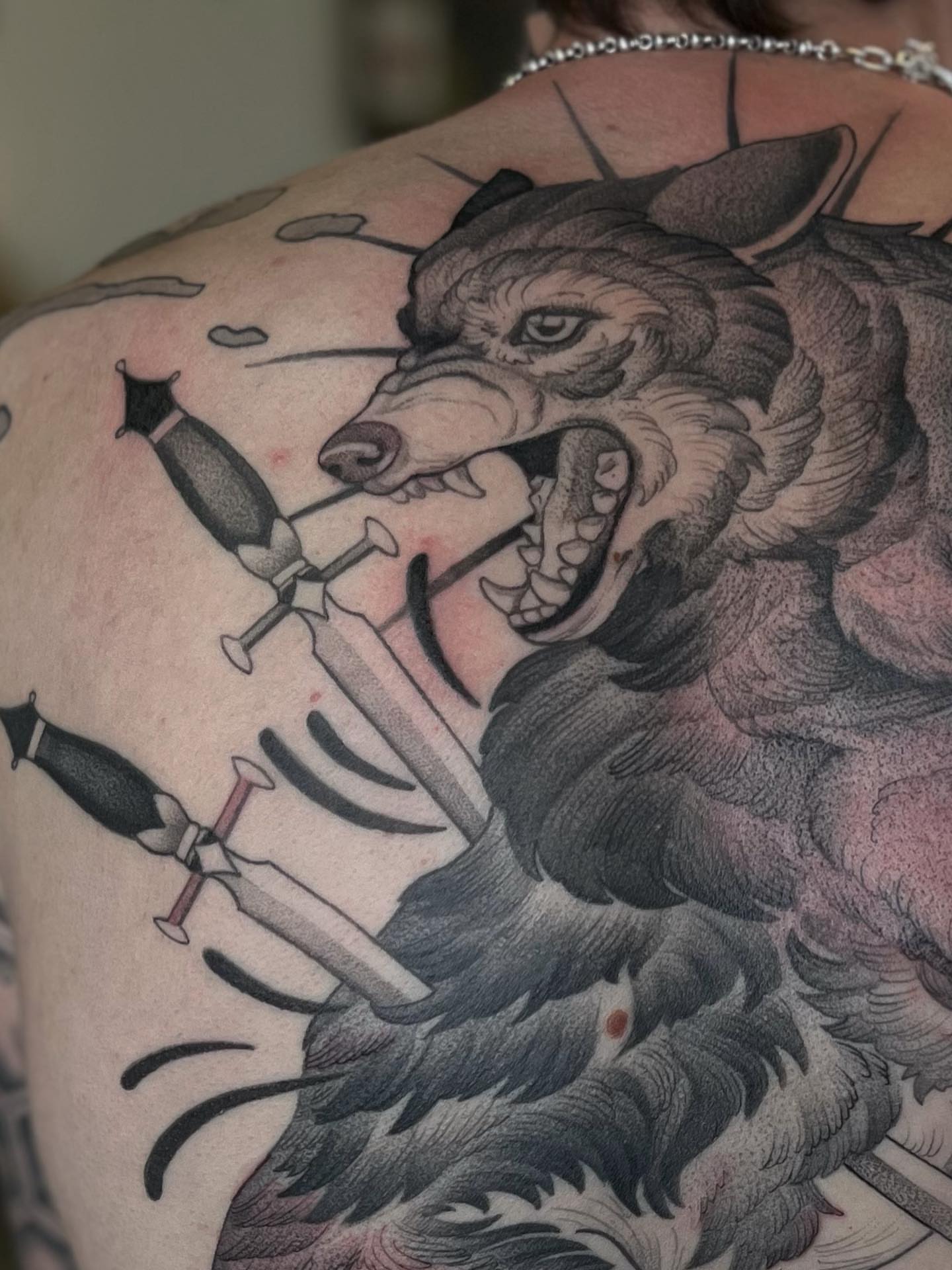 Wolf and swords realism tattoo on the shoulder by ✣ Liz Karn ✣