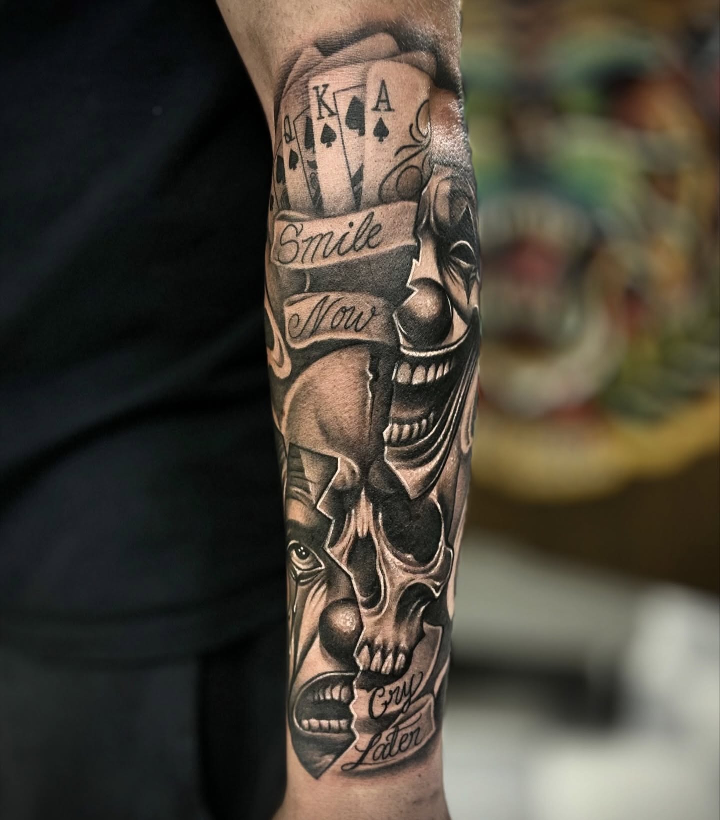 Skull and playing cards realism tattoo on the forearm by ๐๐๐๐๐๐๐ ๐ฌ.๐ผ