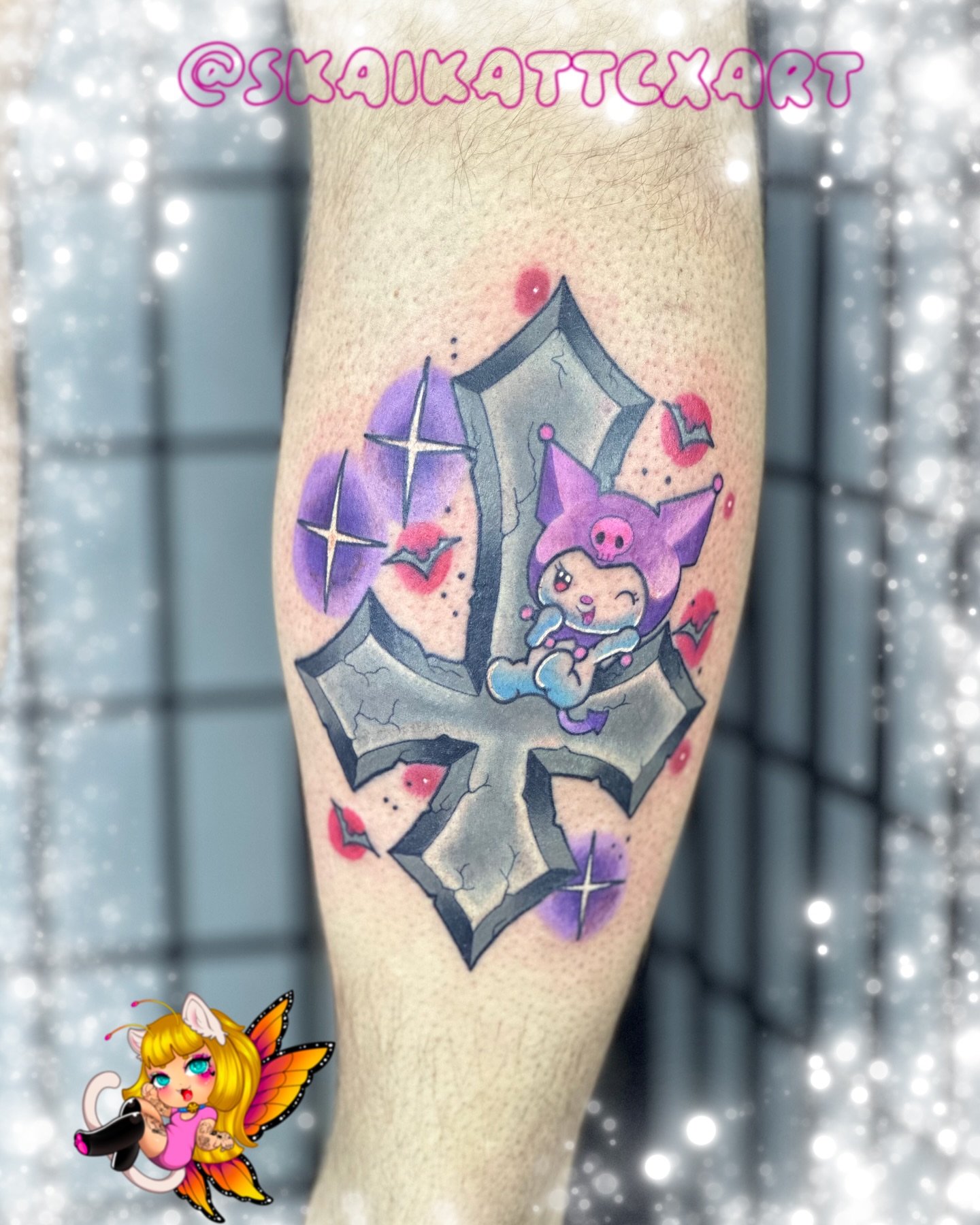 Kitty with cross dotwork tattoo on the forearm by ♔☙☆彡♡︎ Sᴋᴀɪʟʏʀ Kᴀᴛᴛ ♡︎☆彡❧♔