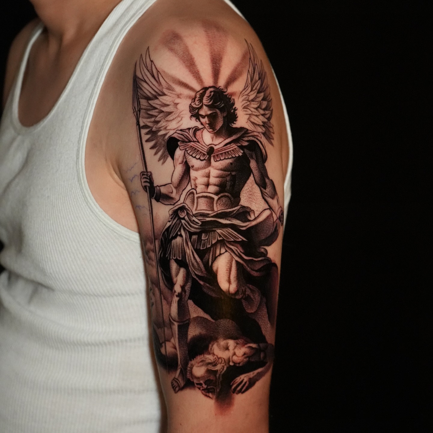 Angelic warrior realism tattoo on the forearm by Jesse Reip, Lakewood, Ohio