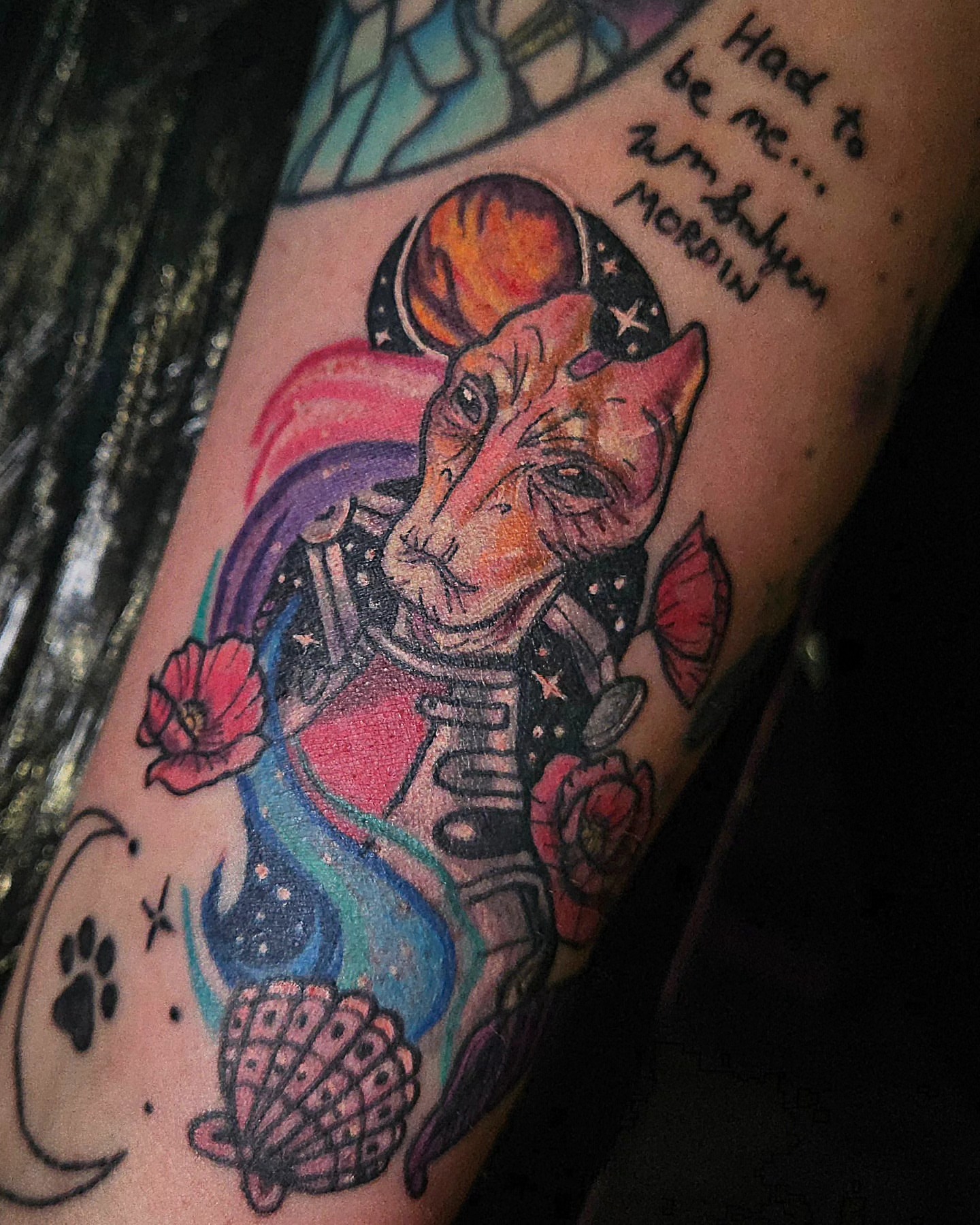 Astronaut cat watercolor tattoo on the forearm by Angie Griffith 🥰, Glendale, Arizona