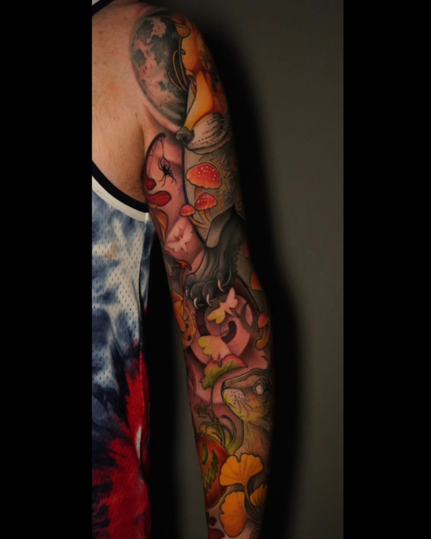 Mushroom and woman American traditional tattoo on the forearm by Ashlynn Campbell