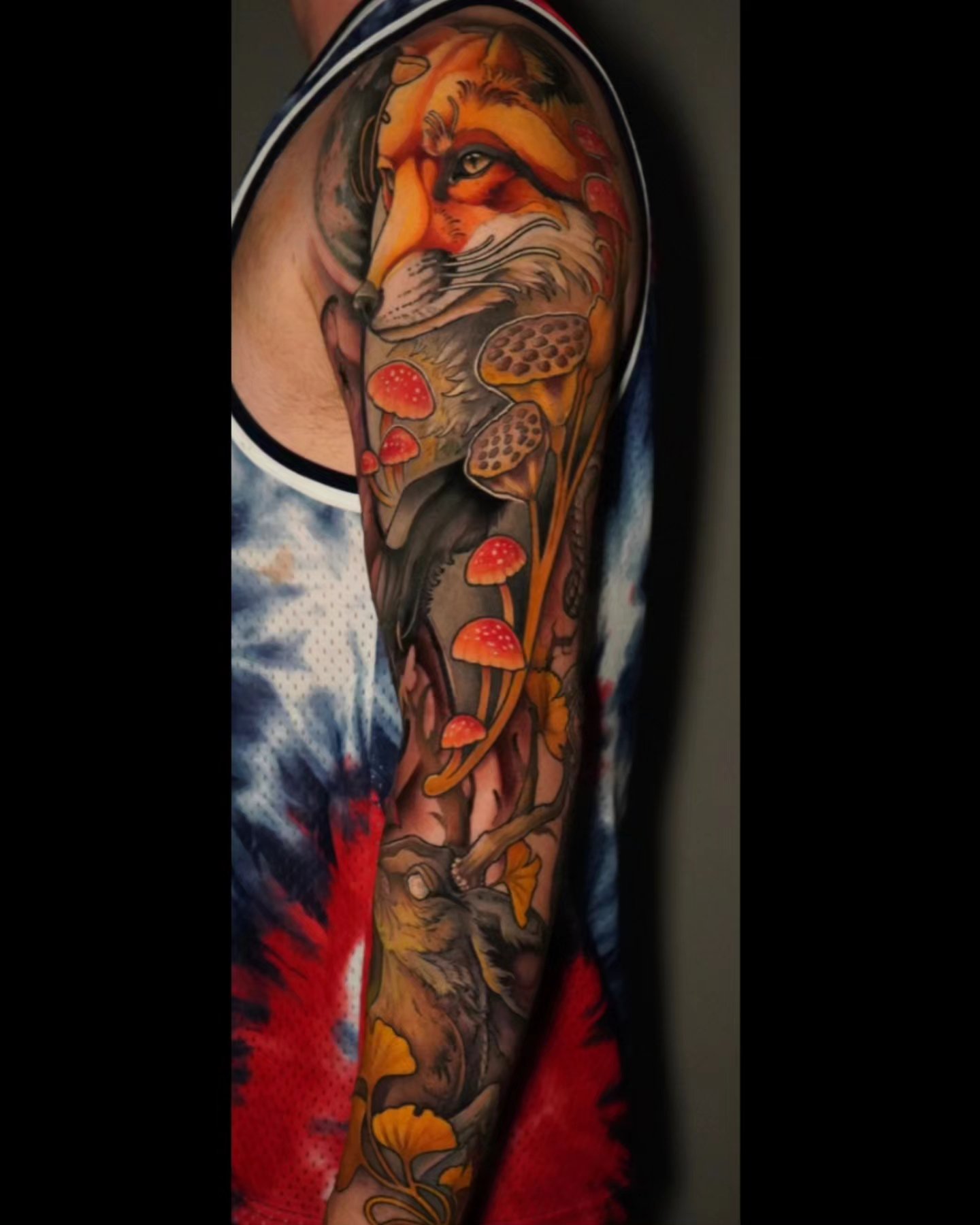 Fox and mushrooms realism tattoo on the forearm by Ashlynn Campbell