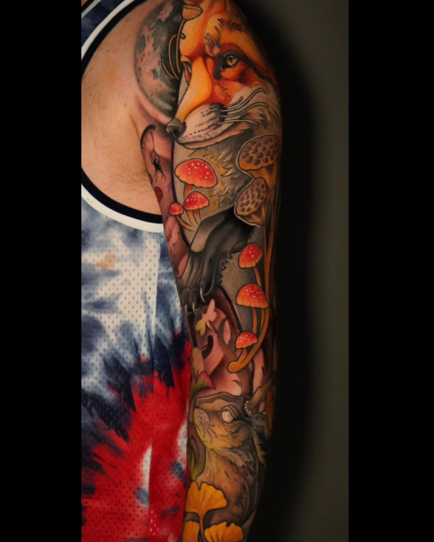 Fox and mushrooms American traditional tattoo on the forearm by Ashlynn Campbell
