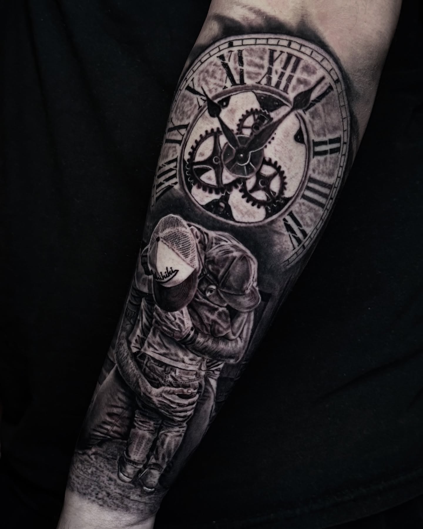 Astronaut and clock realism tattoo on the forearm by Maverick Mayes🕷