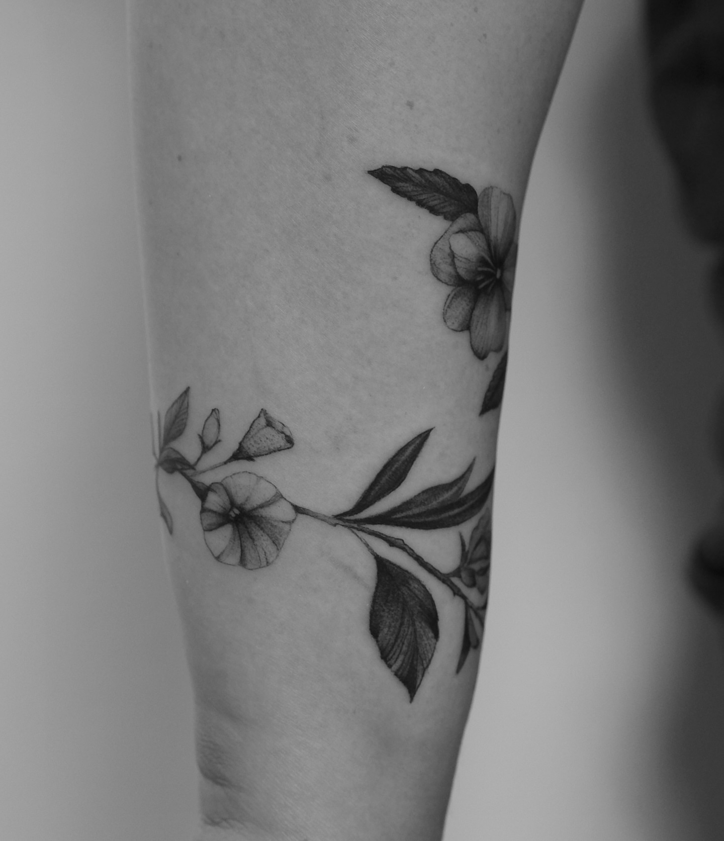 Floral arrangement black and grey tattoo on the forearm by Ninna