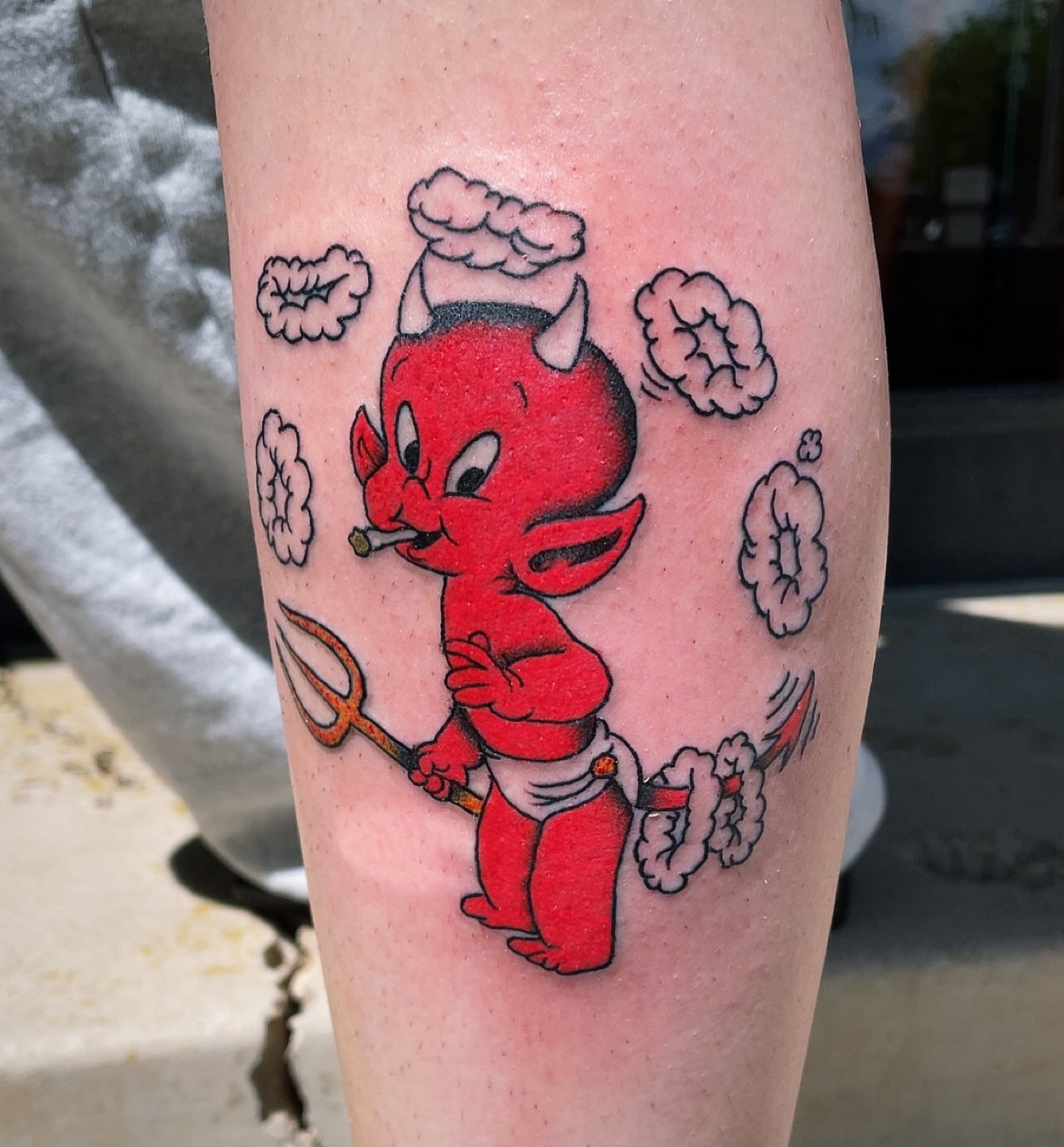Baby devil American traditional tattoo on the leg by Cam TallBoy SLC Tattoo Artist, Salt Lake City, Utah