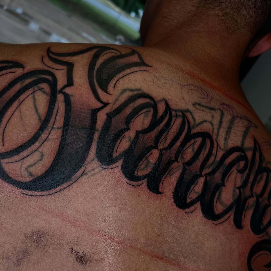 Tattoo by @whoiskaylacordova — lettering_script, chicano