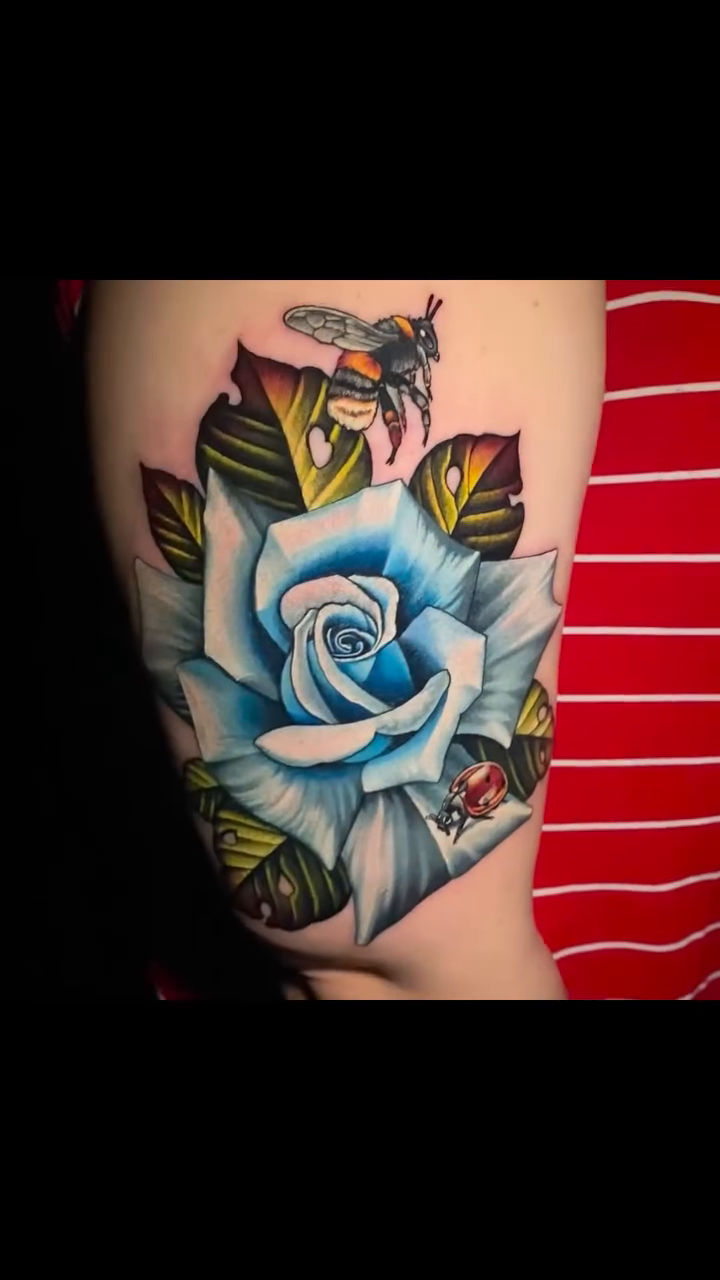Neo-traditional tattoo on the thigh by Joshua Orville Vaughn, Kansas City, Missouri