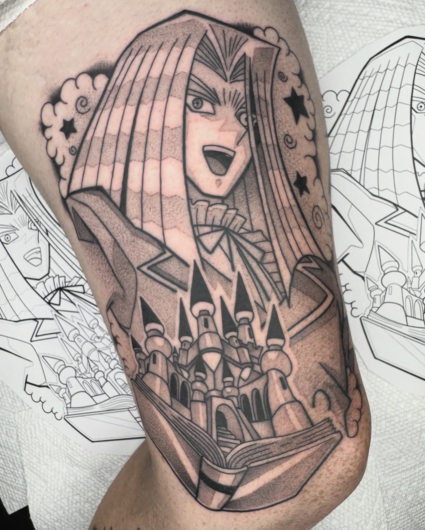 Anime character with castle anime tattoo on the forearm by Donnie Moore