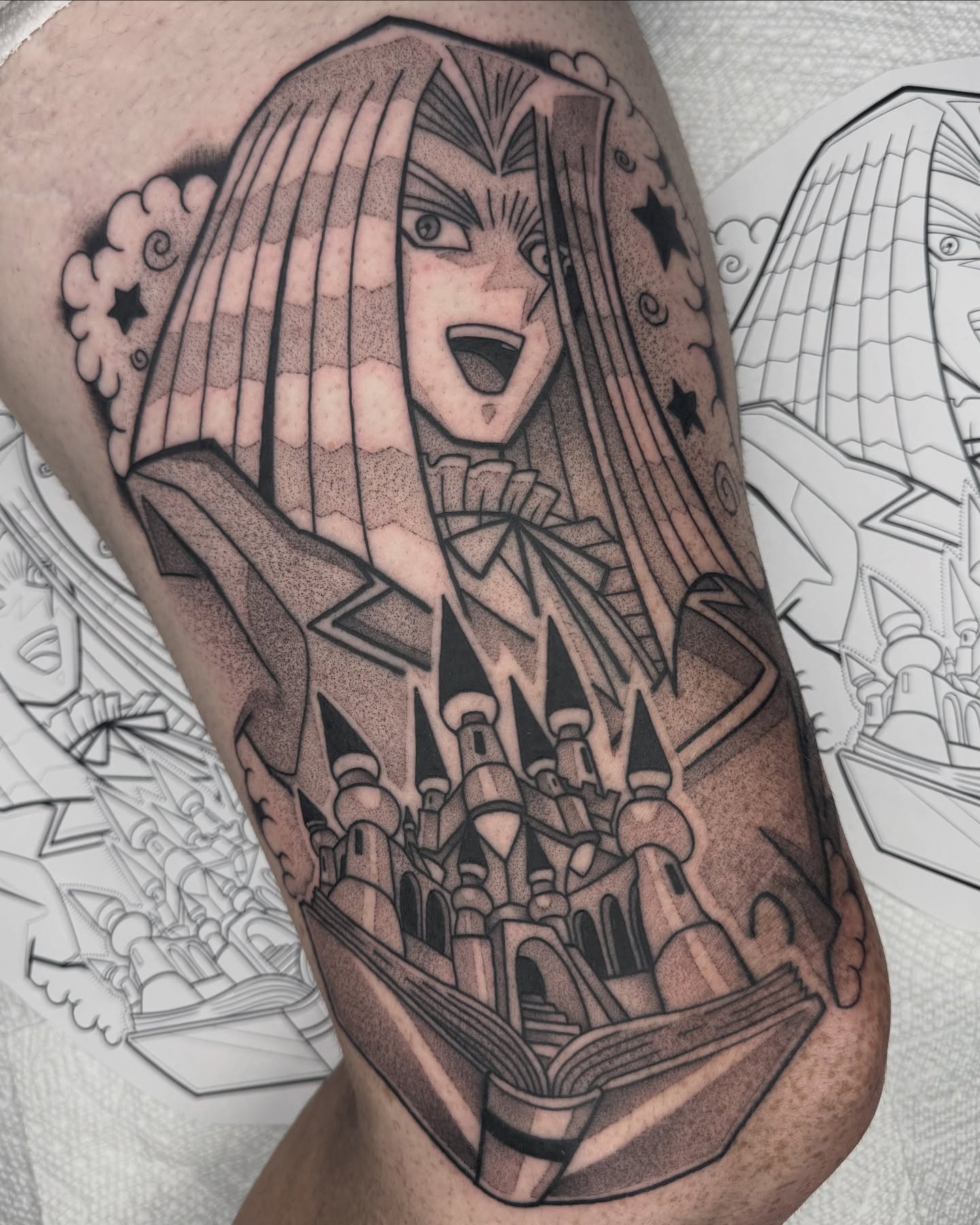 Anime character with castle dotwork tattoo on the forearm by Donnie Moore