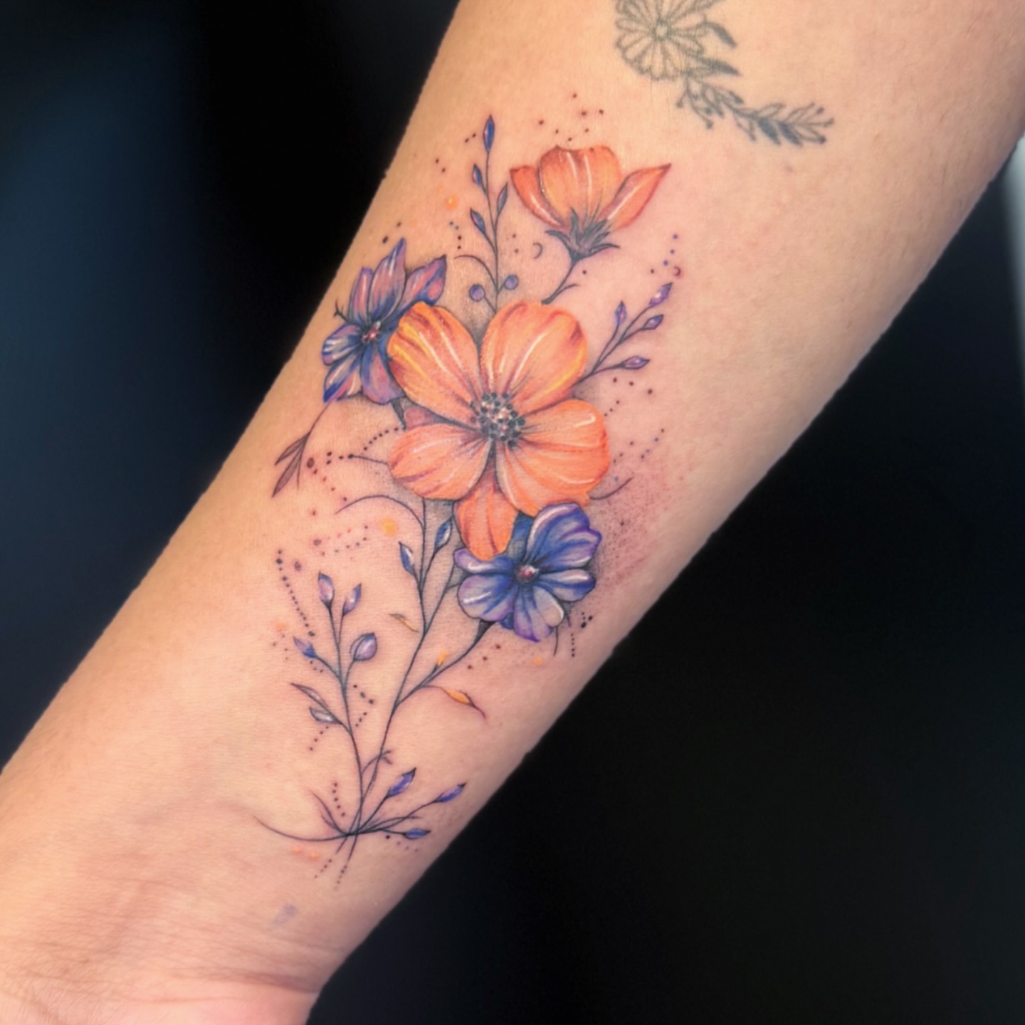 Floral bouquet dotwork tattoo on the forearm by Kris Tattoo Chicago