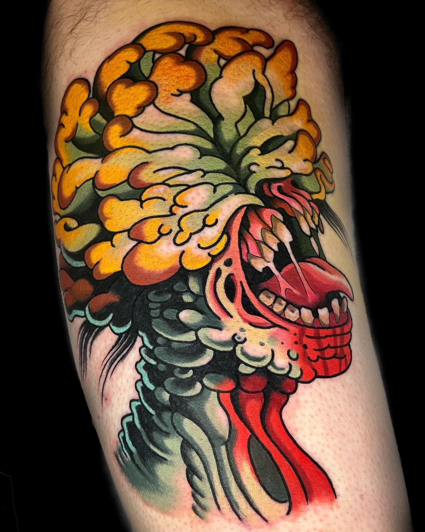 Floral skull American traditional tattoo on the forearm by Hayden Combs