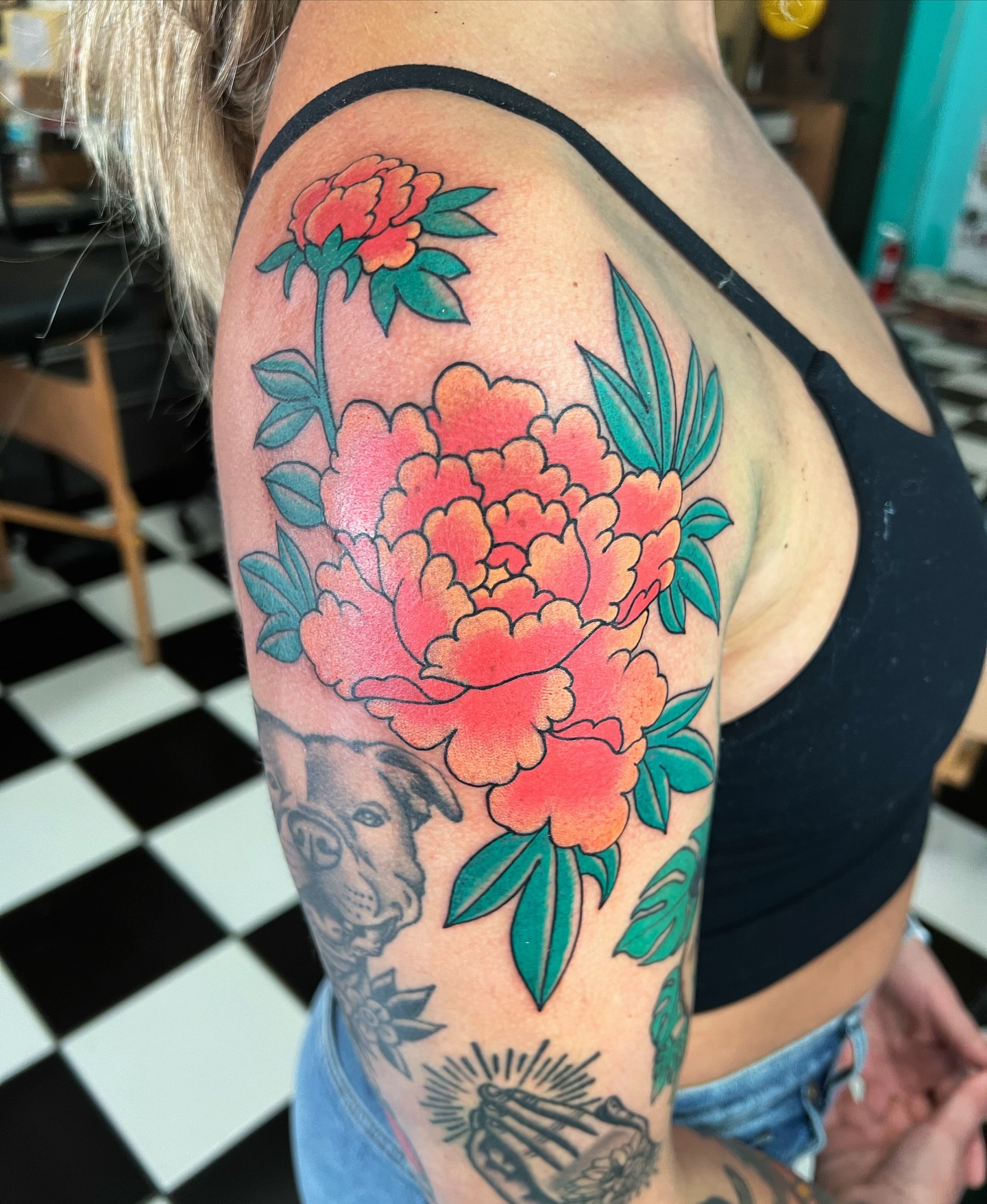 Peony American traditional tattoo on the shoulder by superteal