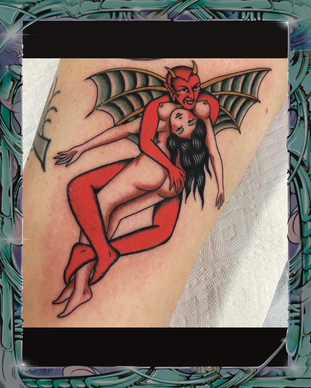 Devils and woman American traditional tattoo on the thigh by Sean McMahon