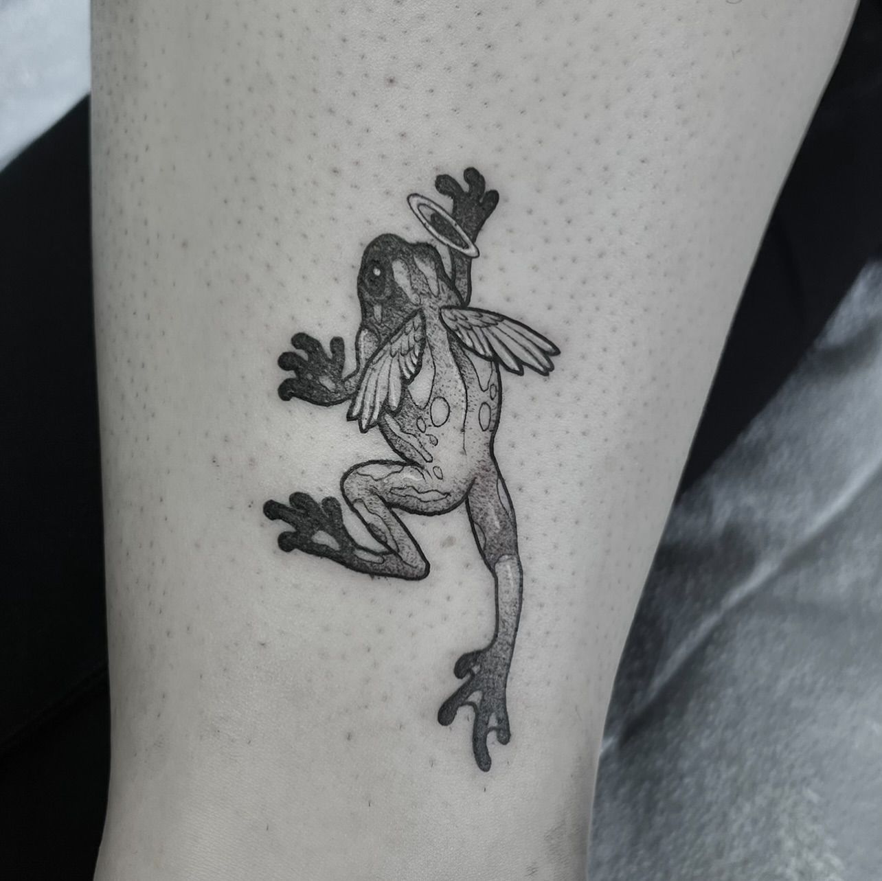 Frog with wings black and grey tattoo on the forearm by ༒ boniandi༒