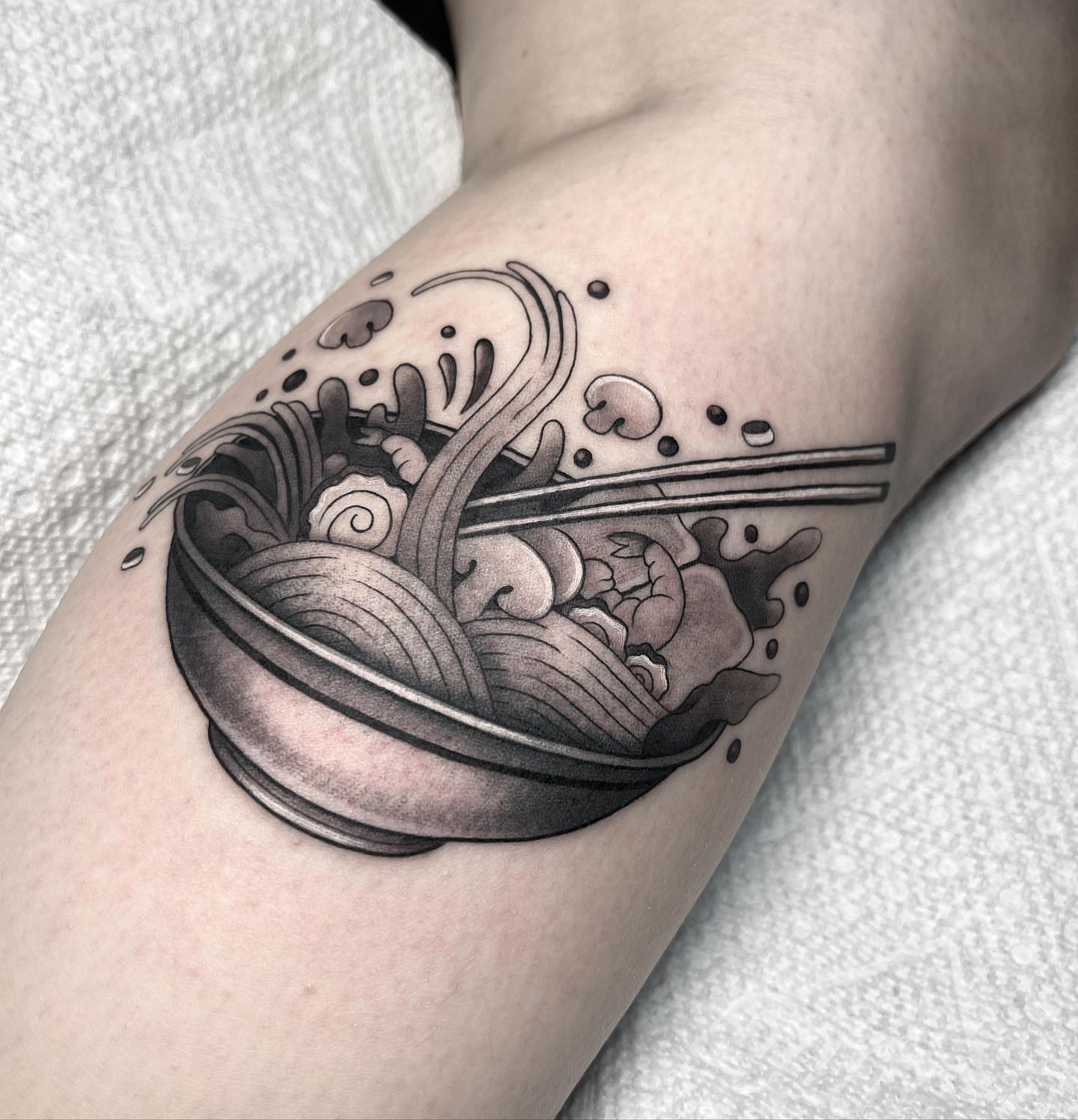 Ramen bowl realism tattoo on the forearm by Kayla Faircloth, Charlotte, North Carolina