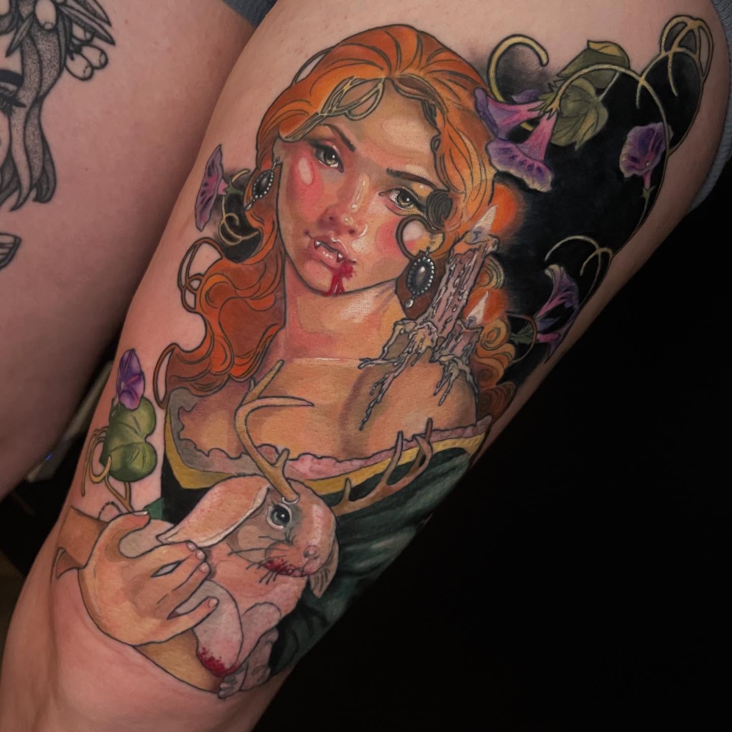 Woman with rabbit realism tattoo on the thigh by Paige Hudon, Chicago, Illinois