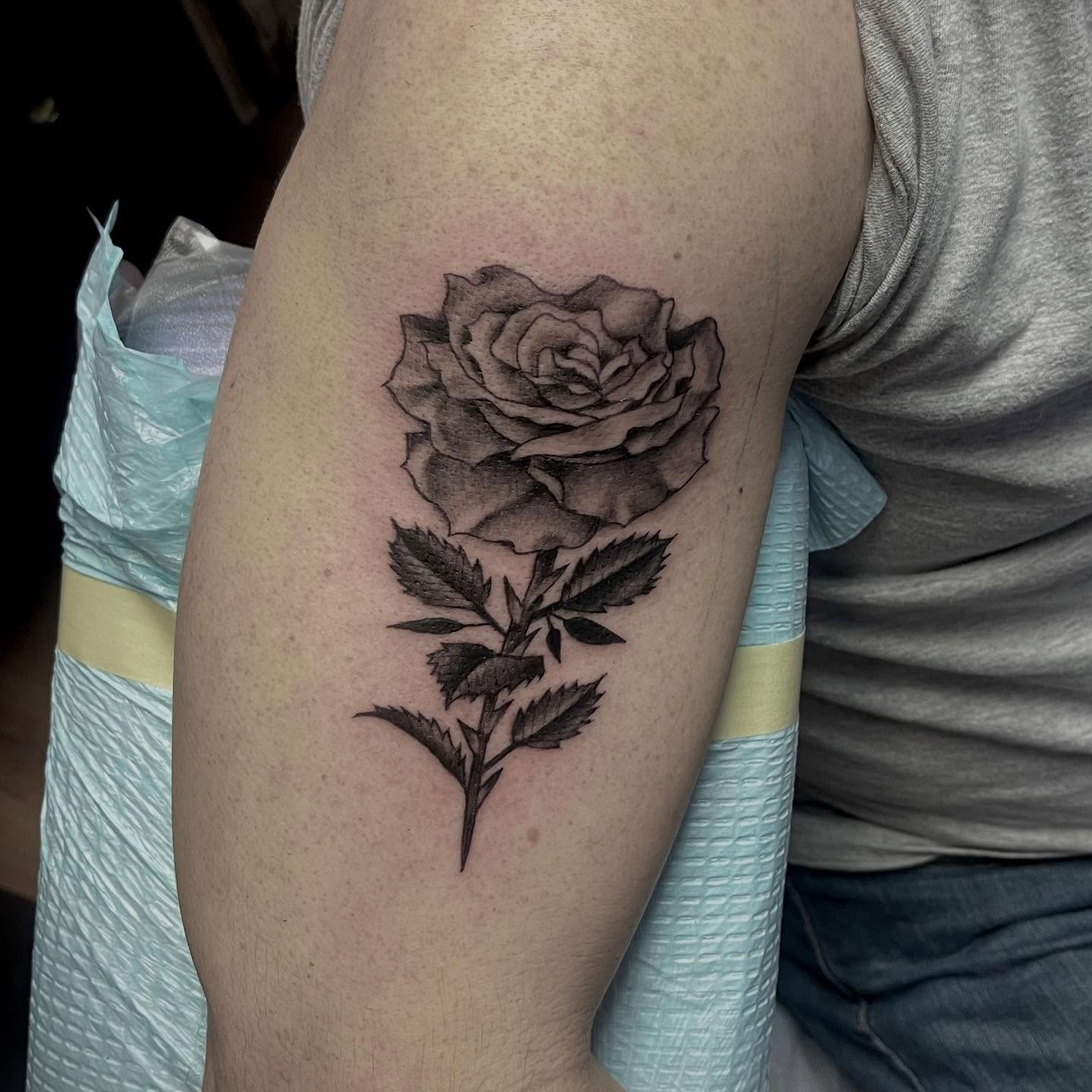 Rose black and grey tattoo on the forearm by Ashly Hutchens, Richmond, Virginia
