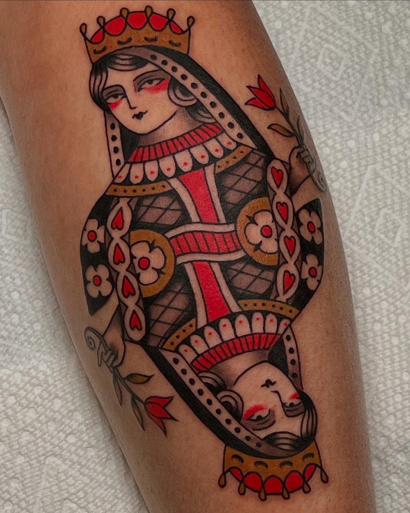Queen and king American traditional tattoo on the forearm by Liv :)