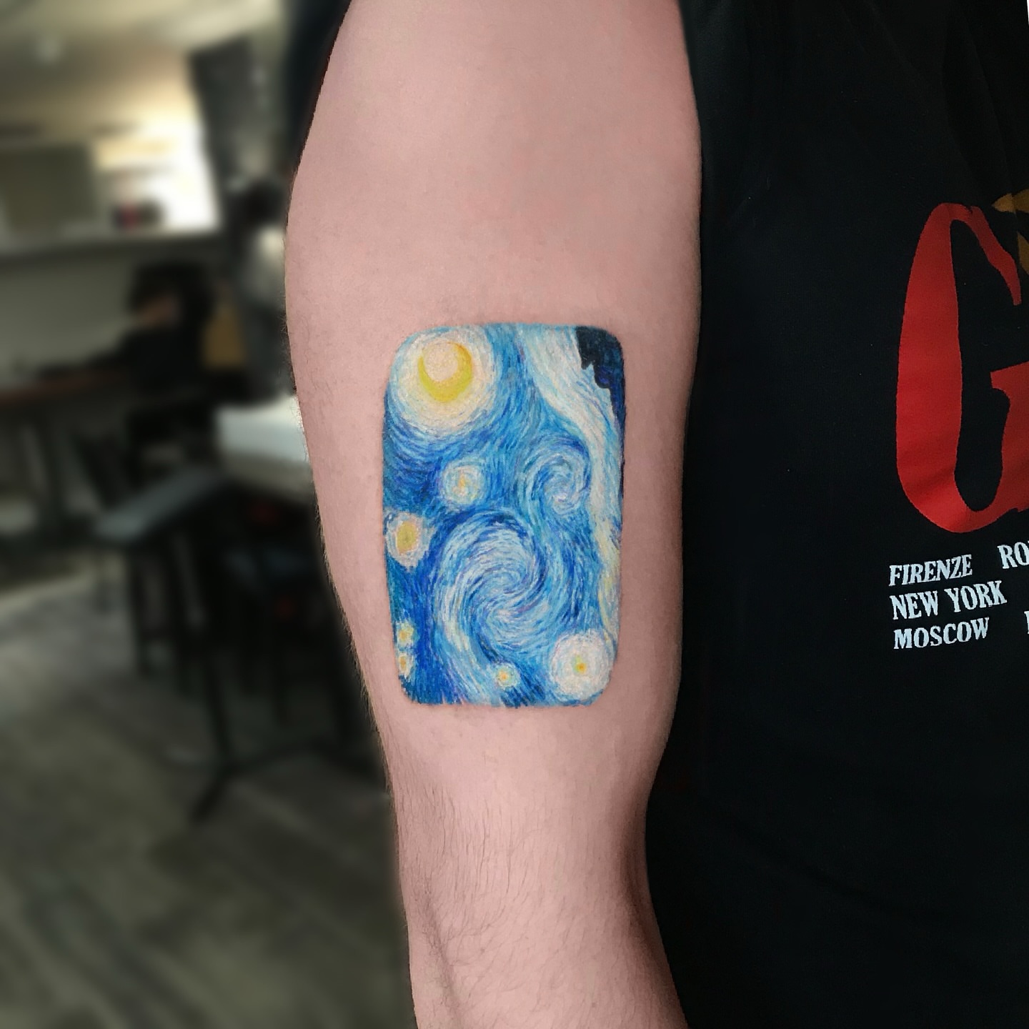 Starry night dotwork tattoo on the forearm by Aren