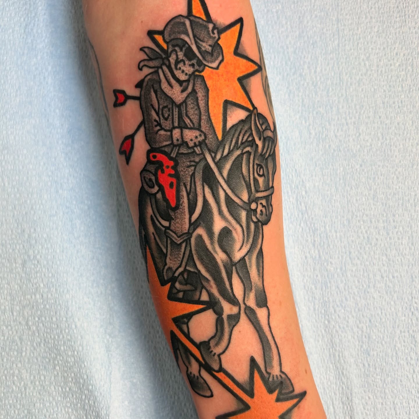 Cowboy on horse American traditional tattoo on the forearm by 匚卂ㄒ乙丨ㄥㄥ卂