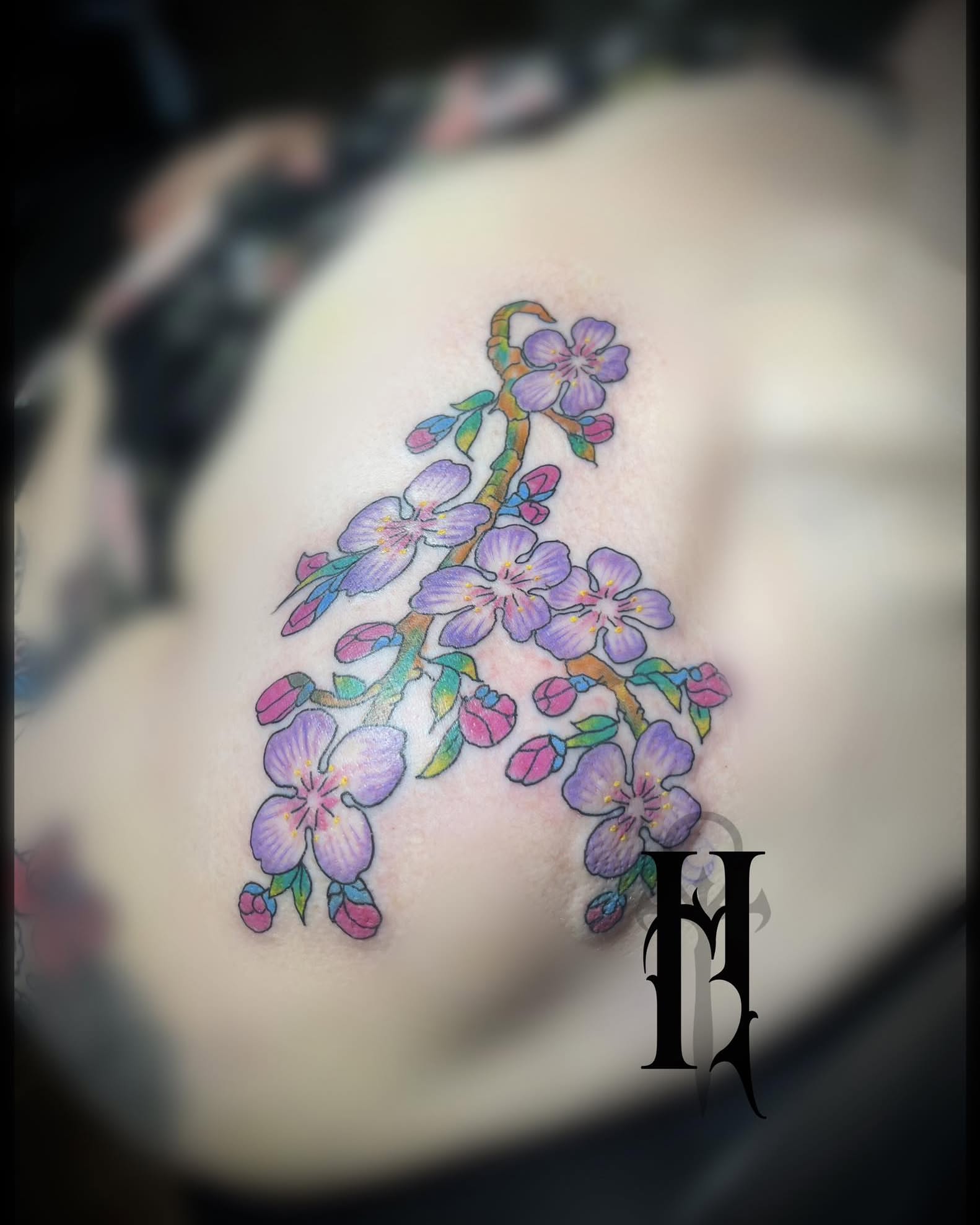 Cherry blossoms dotwork tattoo on the shoulder by Tattoos by Dan Hatcher Carr, Parma, Ohio