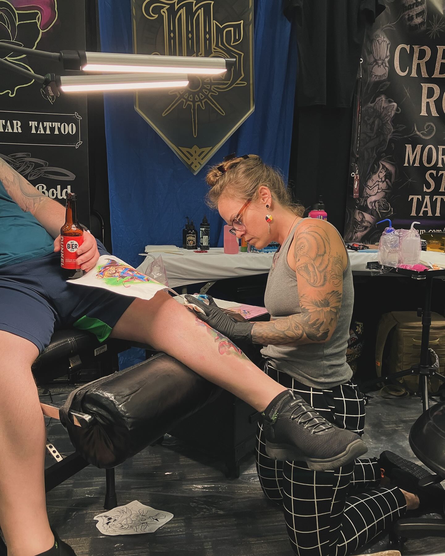 Leg American traditional tattoo on the leg by Alexander L. Wolff, Rapid City, South Dakota