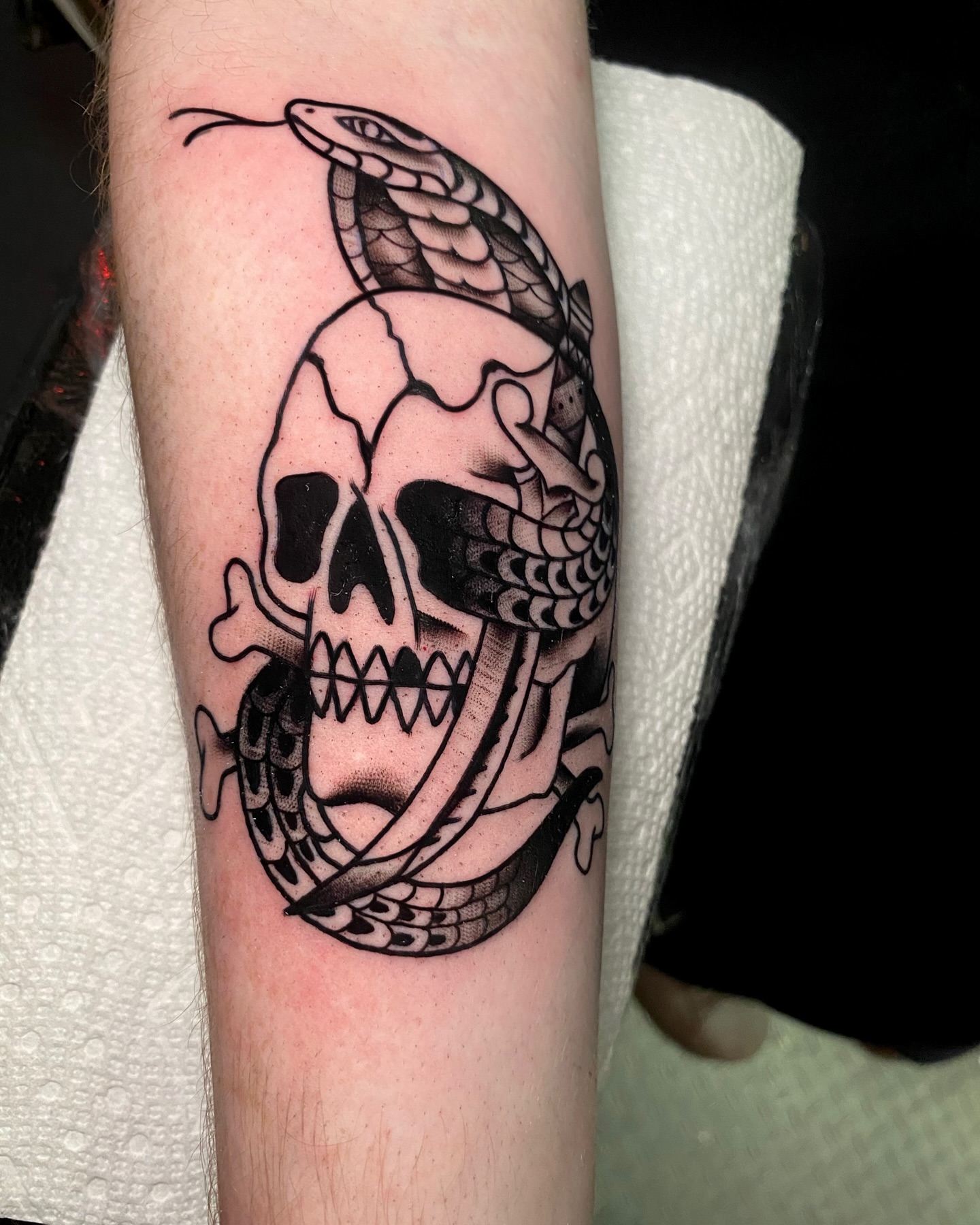 Snake and skull black and grey tattoo on the forearm by Pablof 🕸️