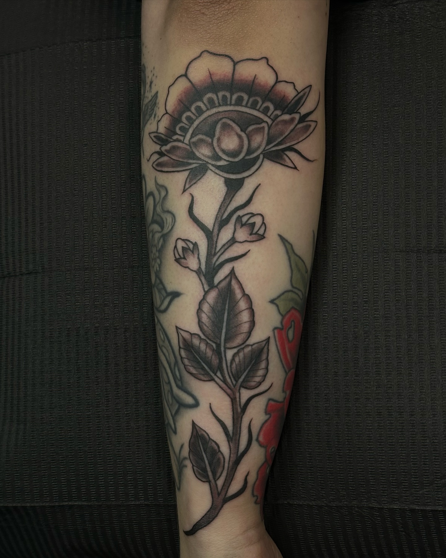 Flower American traditional tattoo on the forearm by Sarah Bobby, Houston, Texas